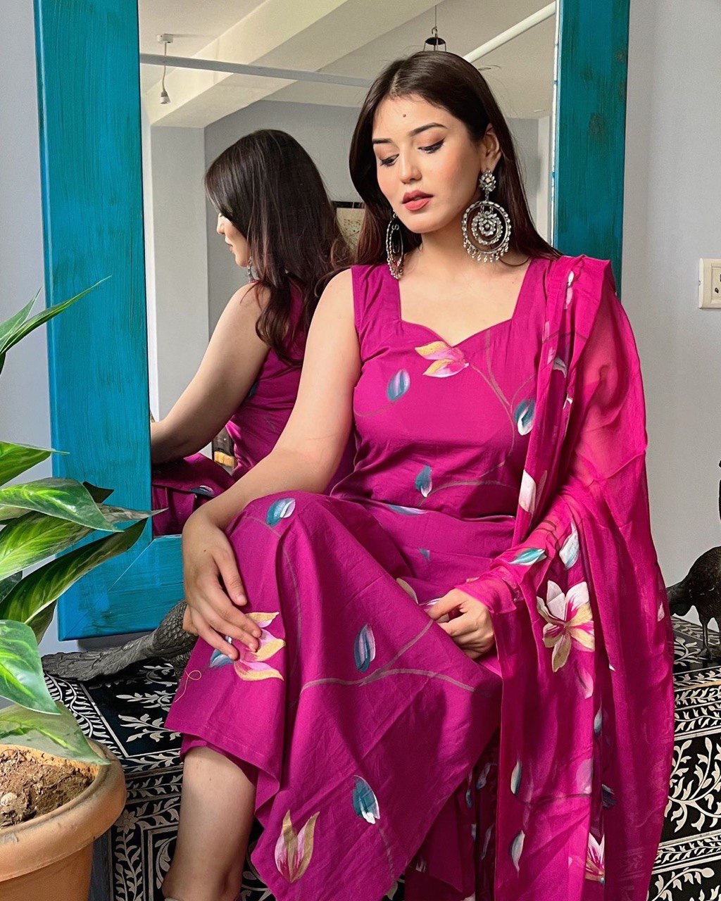 Floral Hand painted georgette kurta with tassels
