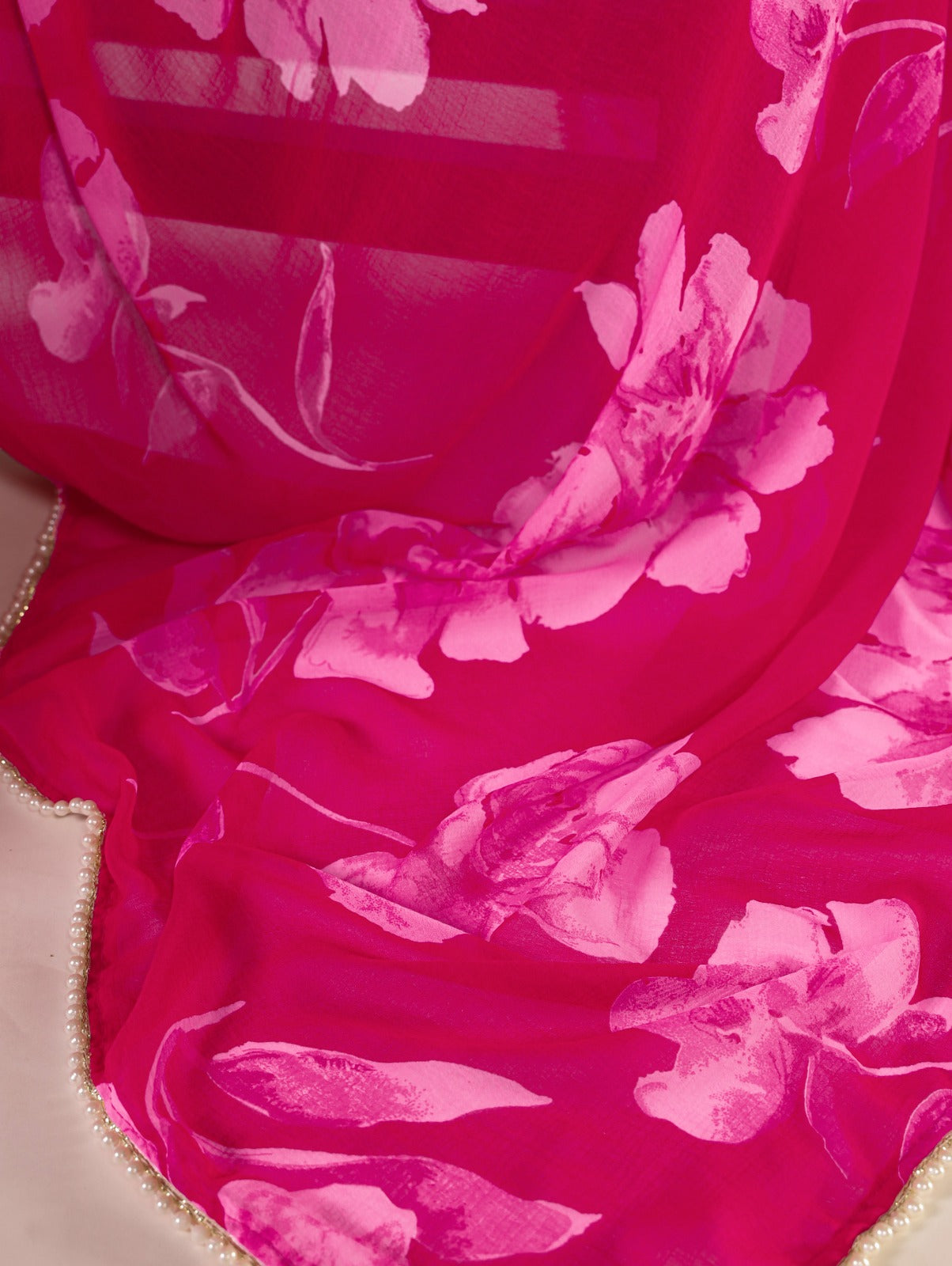 Chiffon Foral Printed Pearl Lace BorderSaree