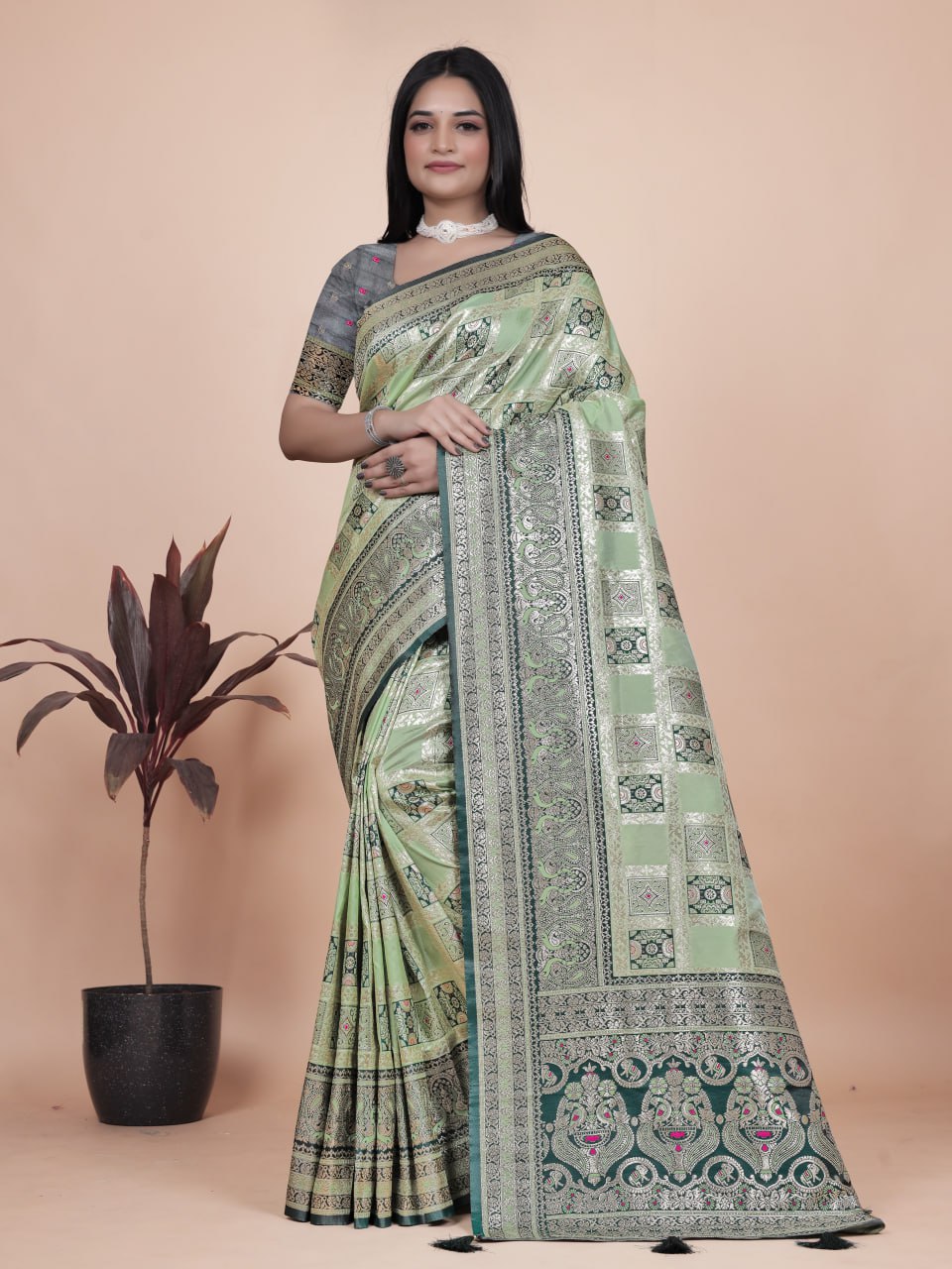 Pastel Green and Dark Green Banarasi Silk Saree with Silver Zari Weaving