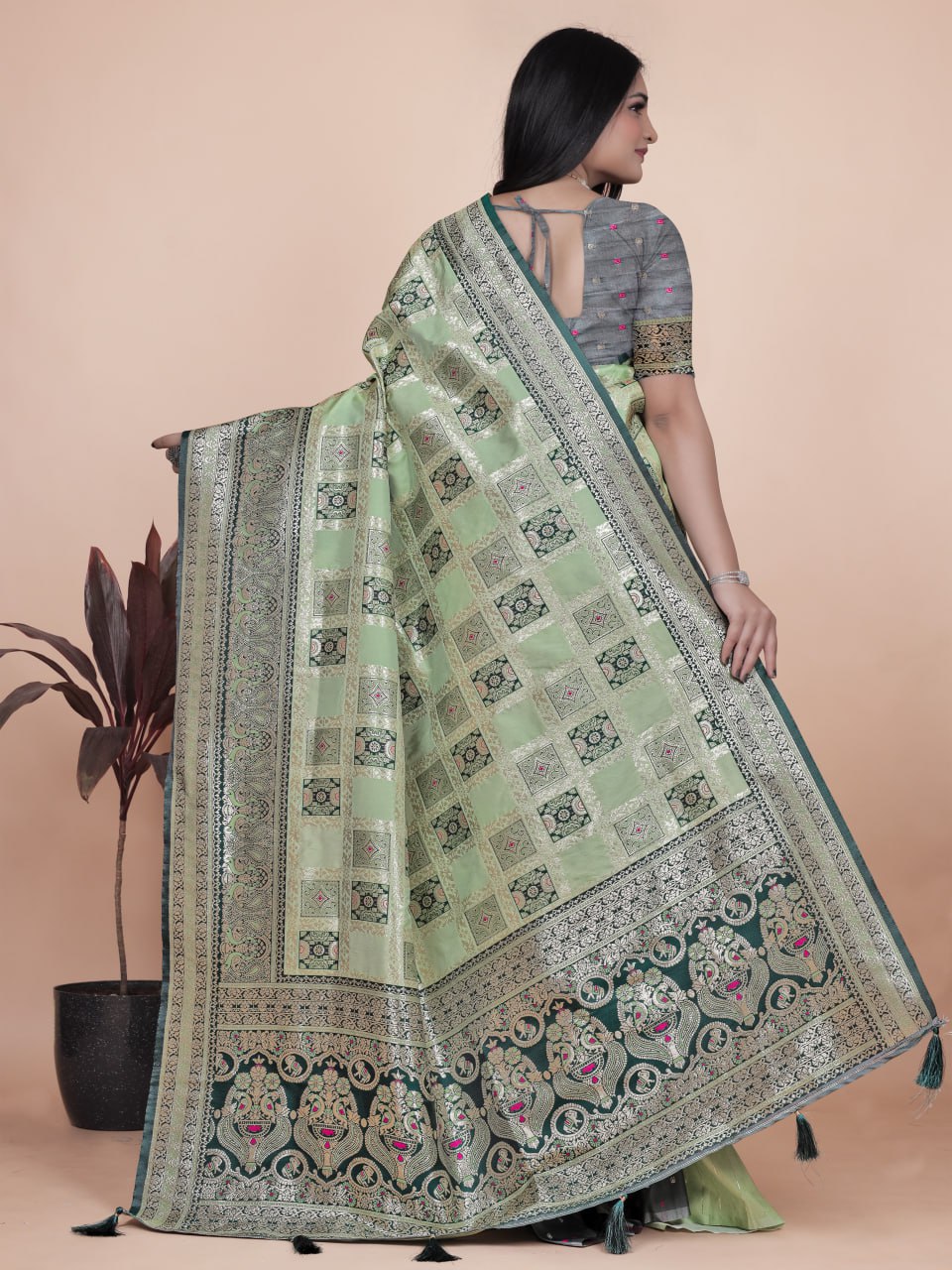 Pastel Green and Dark Green Banarasi Silk Saree with Silver Zari Weaving