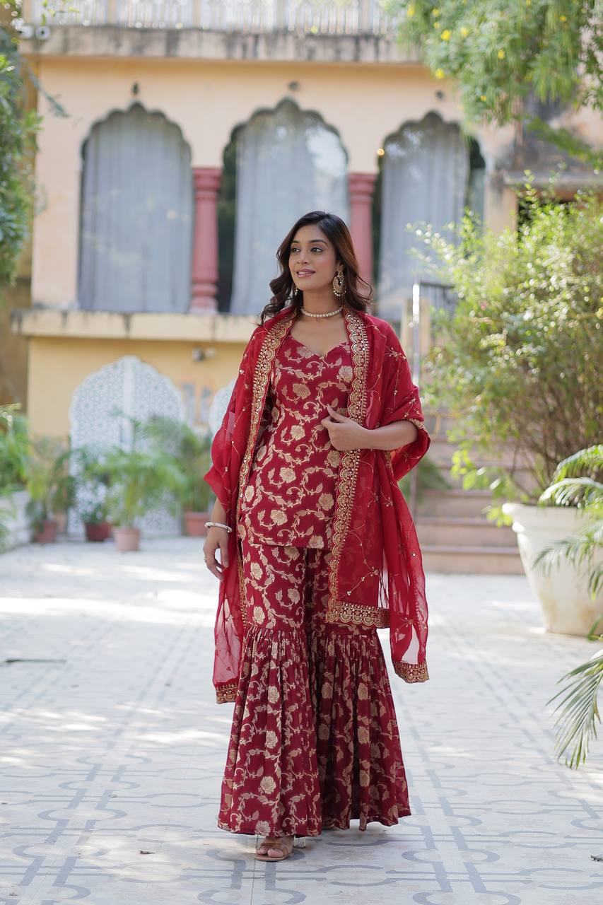 Maroon Viscose Georgette Jacquard