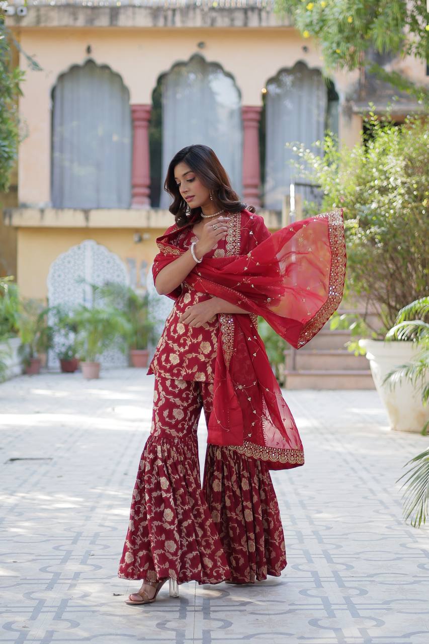 Maroon Viscose Georgette Jacquard