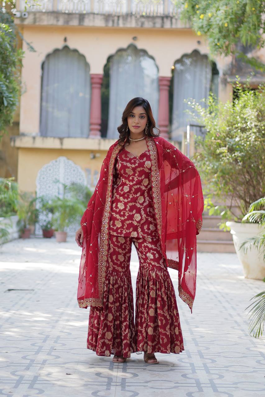 Maroon Viscose Georgette Jacquard