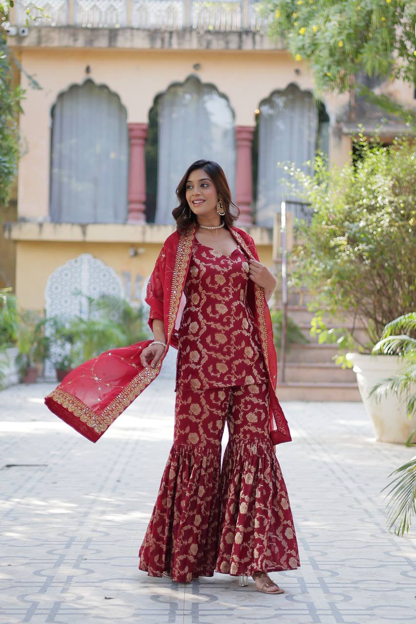 Maroon Viscose Georgette Jacquard