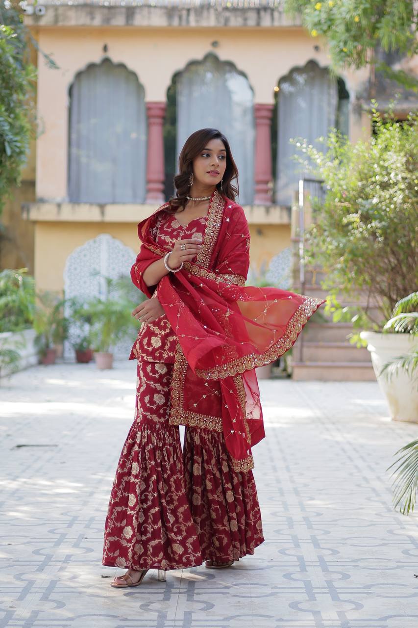Maroon Viscose Georgette Jacquard
