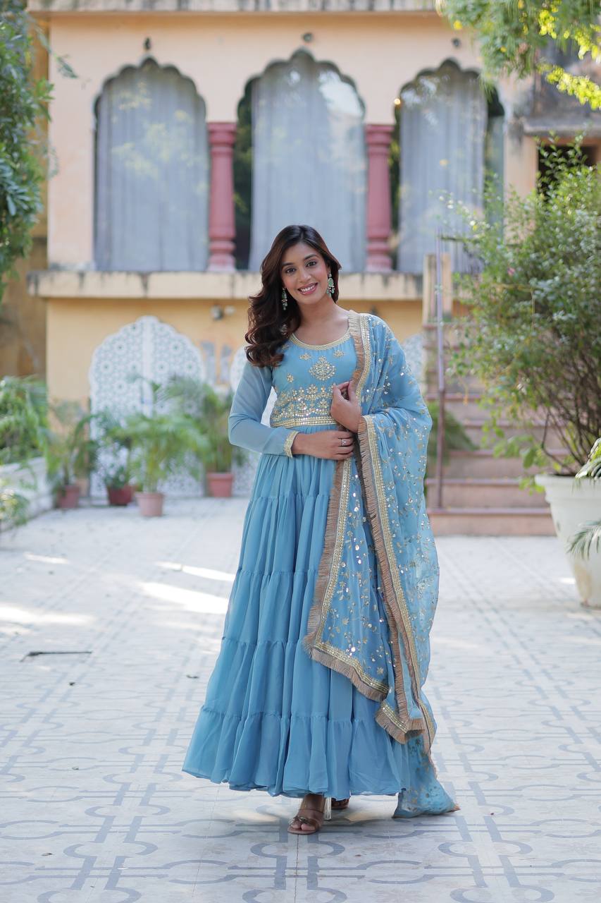 Blue Star Georgette With Rich Sequins Embroidered work and Attractive Lace Border