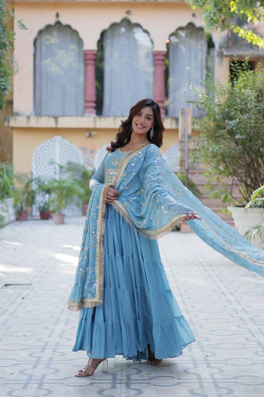 Blue Star Georgette With Rich Sequins Embroidered work and Attractive Lace Border