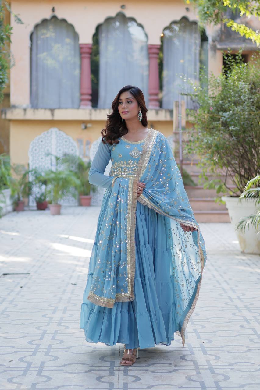 Blue Star Georgette With Rich Sequins Embroidered work and Attractive Lace Border