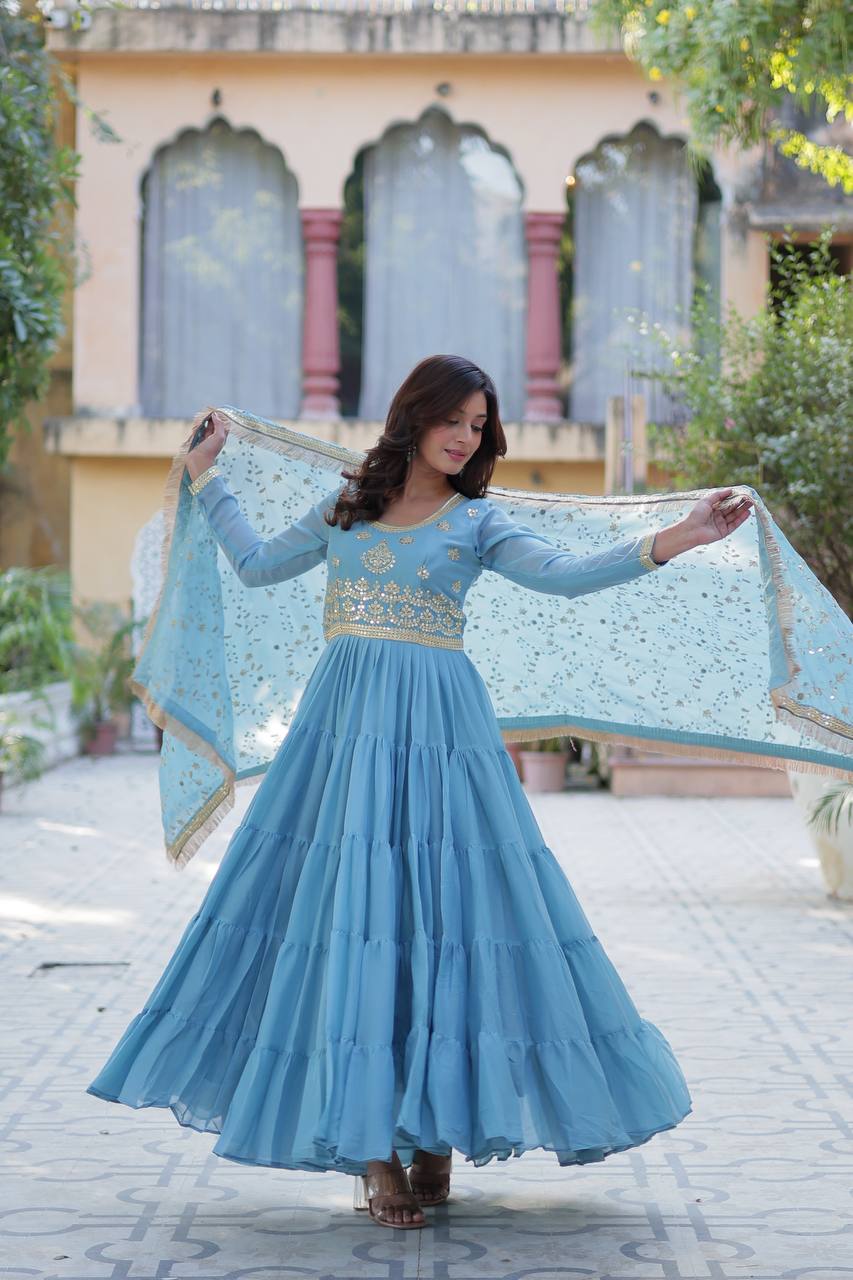 Blue Star Georgette With Rich Sequins Embroidered work and Attractive Lace Border