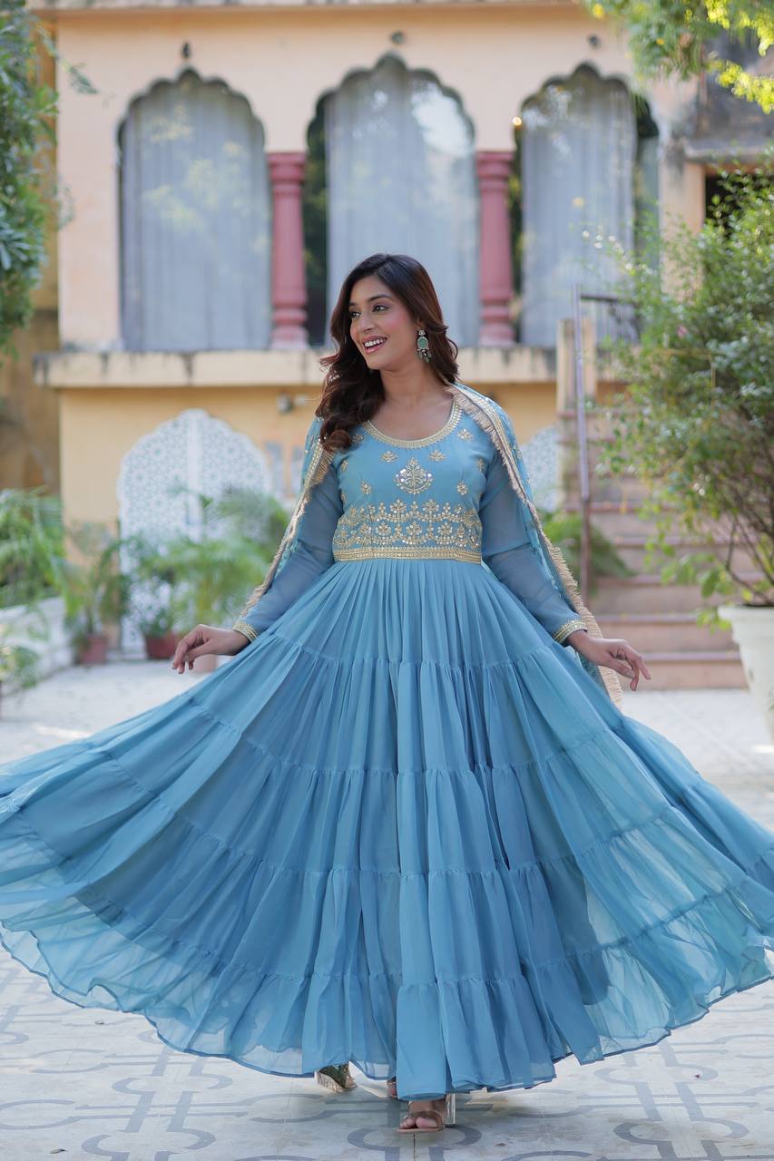 Blue Star Georgette With Rich Sequins Embroidered work and Attractive Lace Border