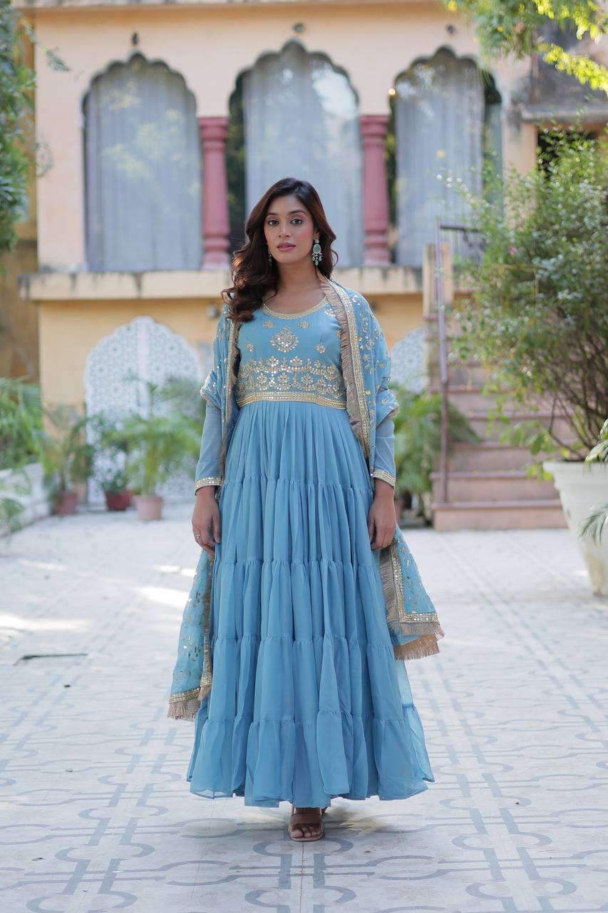 Blue Star Georgette With Rich Sequins Embroidered work and Attractive Lace Border