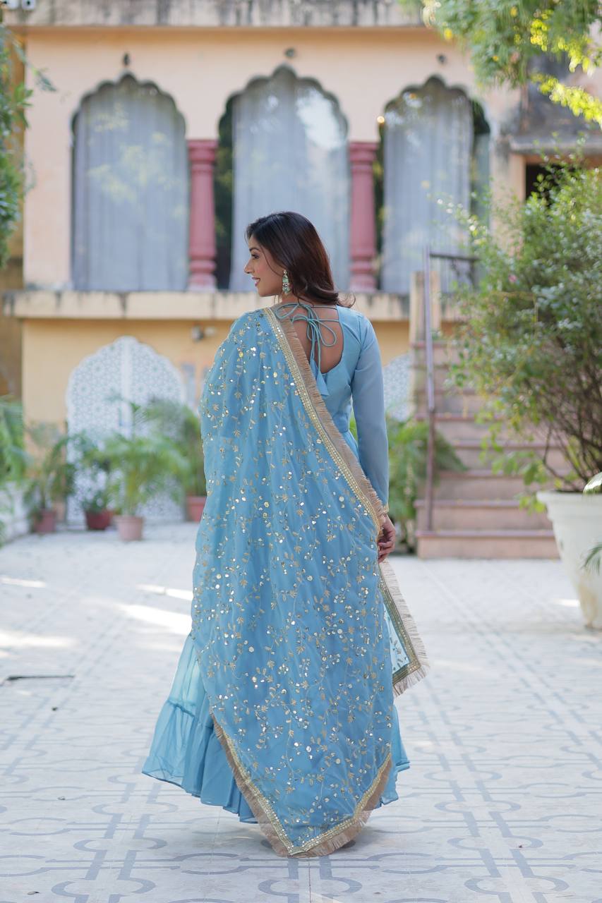 Blue Star Georgette With Rich Sequins Embroidered work and Attractive Lace Border