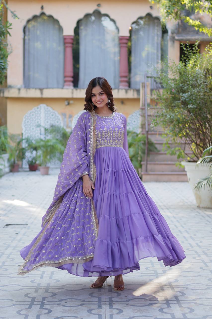 Purple Star Georgette With Rich Sequins Embroidered work and Attractive Lace Border