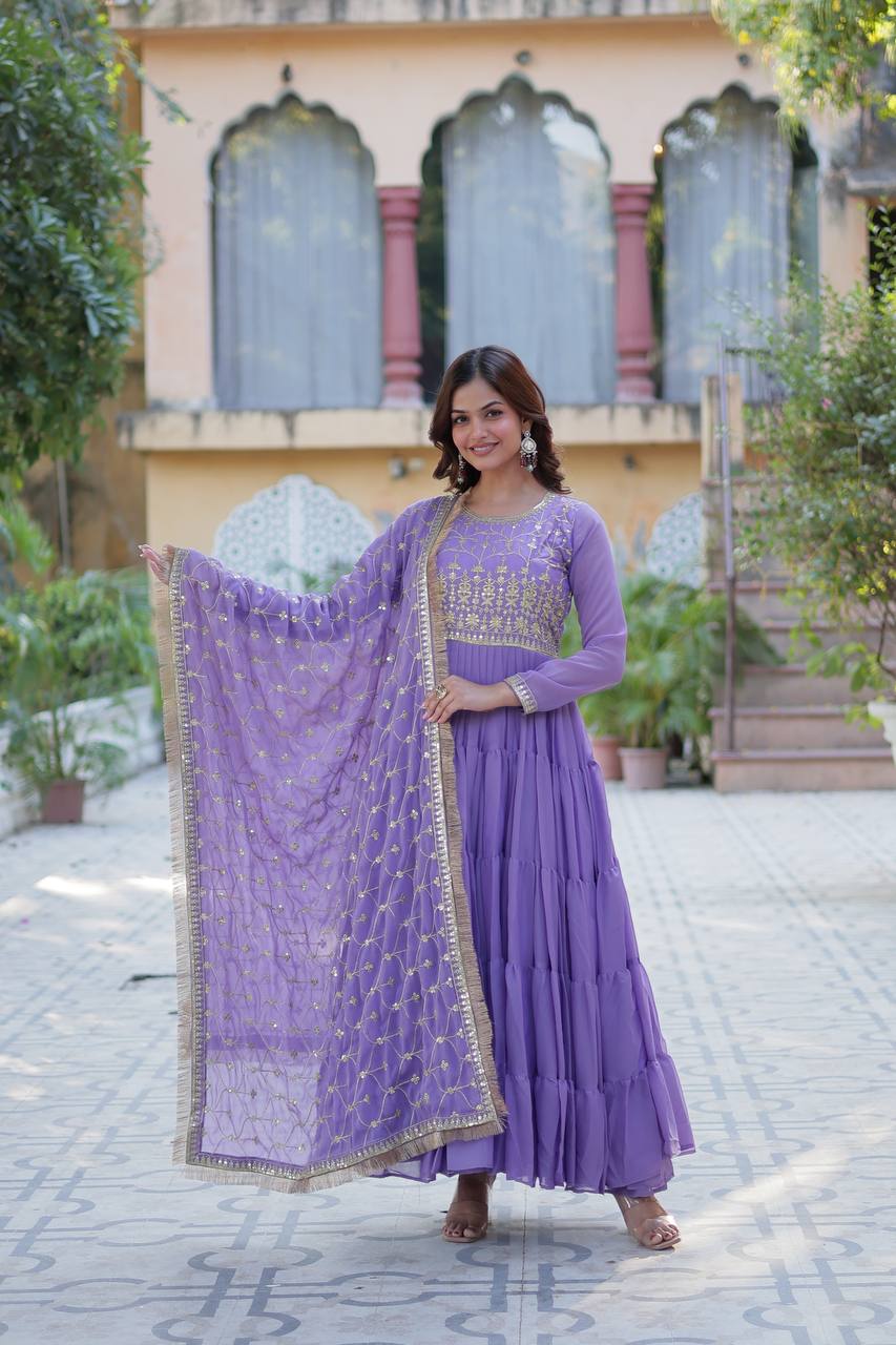 Purple Star Georgette With Rich Sequins Embroidered work and Attractive Lace Border
