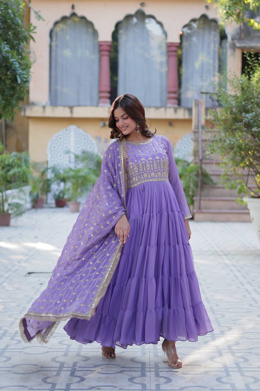 Purple Star Georgette With Rich Sequins Embroidered work and Attractive Lace Border