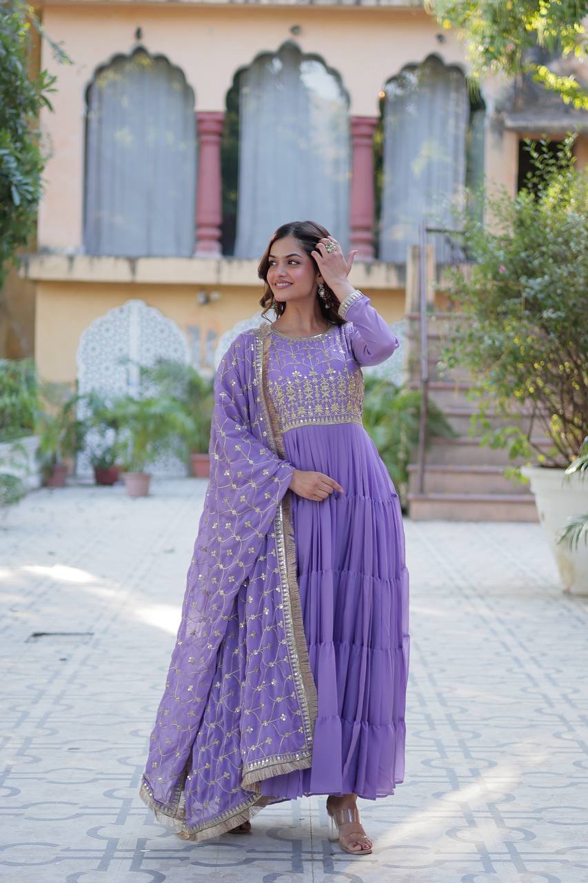 Purple Star Georgette With Rich Sequins Embroidered work and Attractive Lace Border
