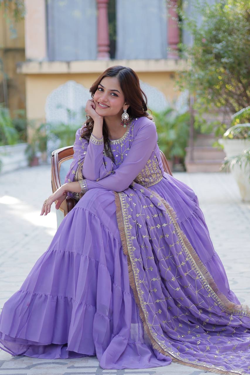 Purple Star Georgette With Rich Sequins Embroidered work and Attractive Lace Border