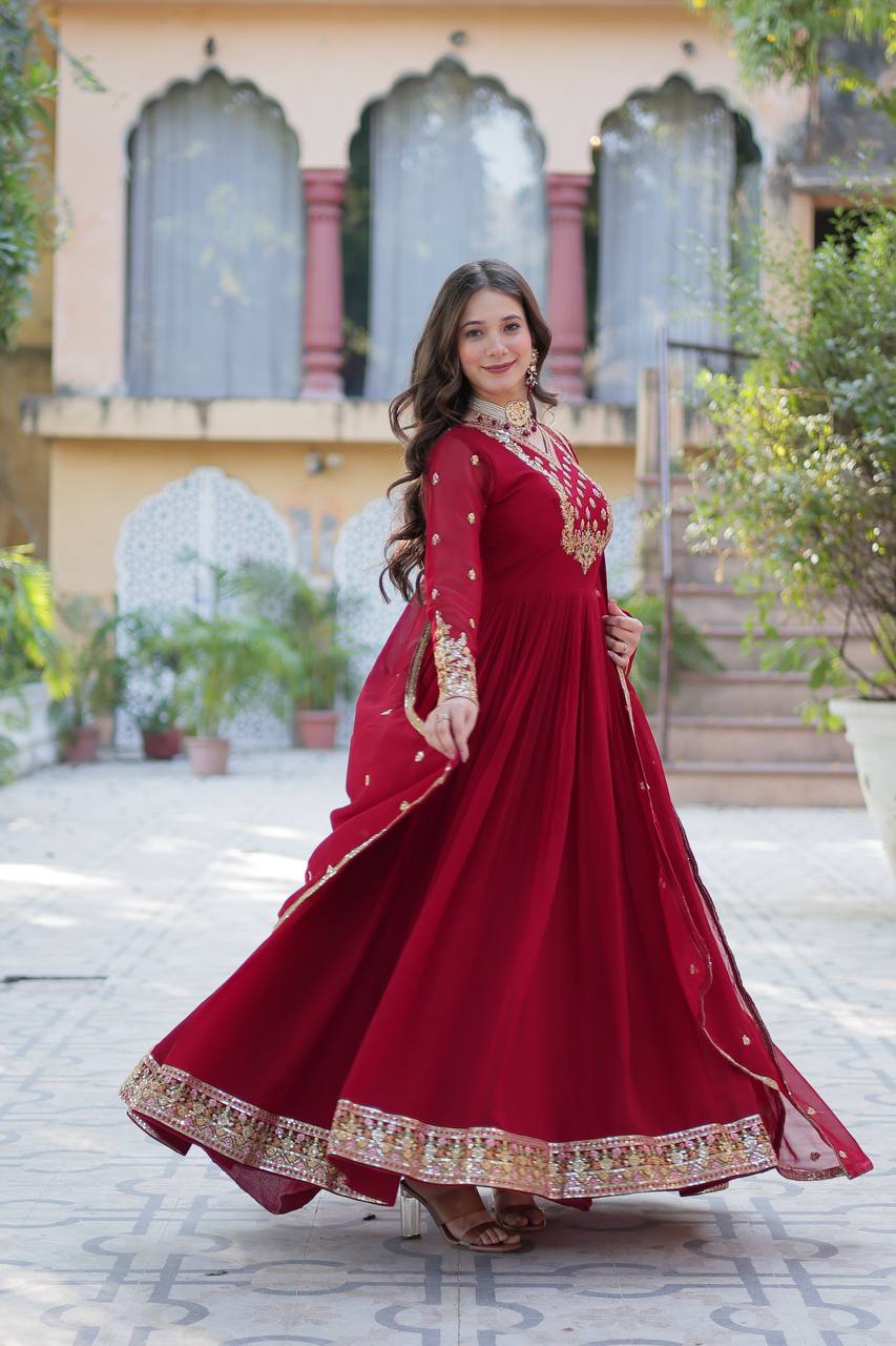 Royal Elegance: Maroon Anarkali Suit with Traditional Touch