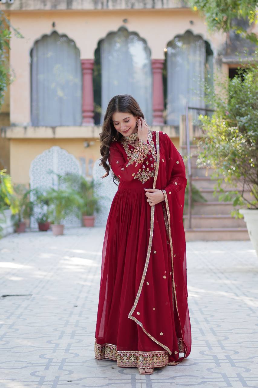 Royal Elegance: Maroon Anarkali Suit with Traditional Touch
