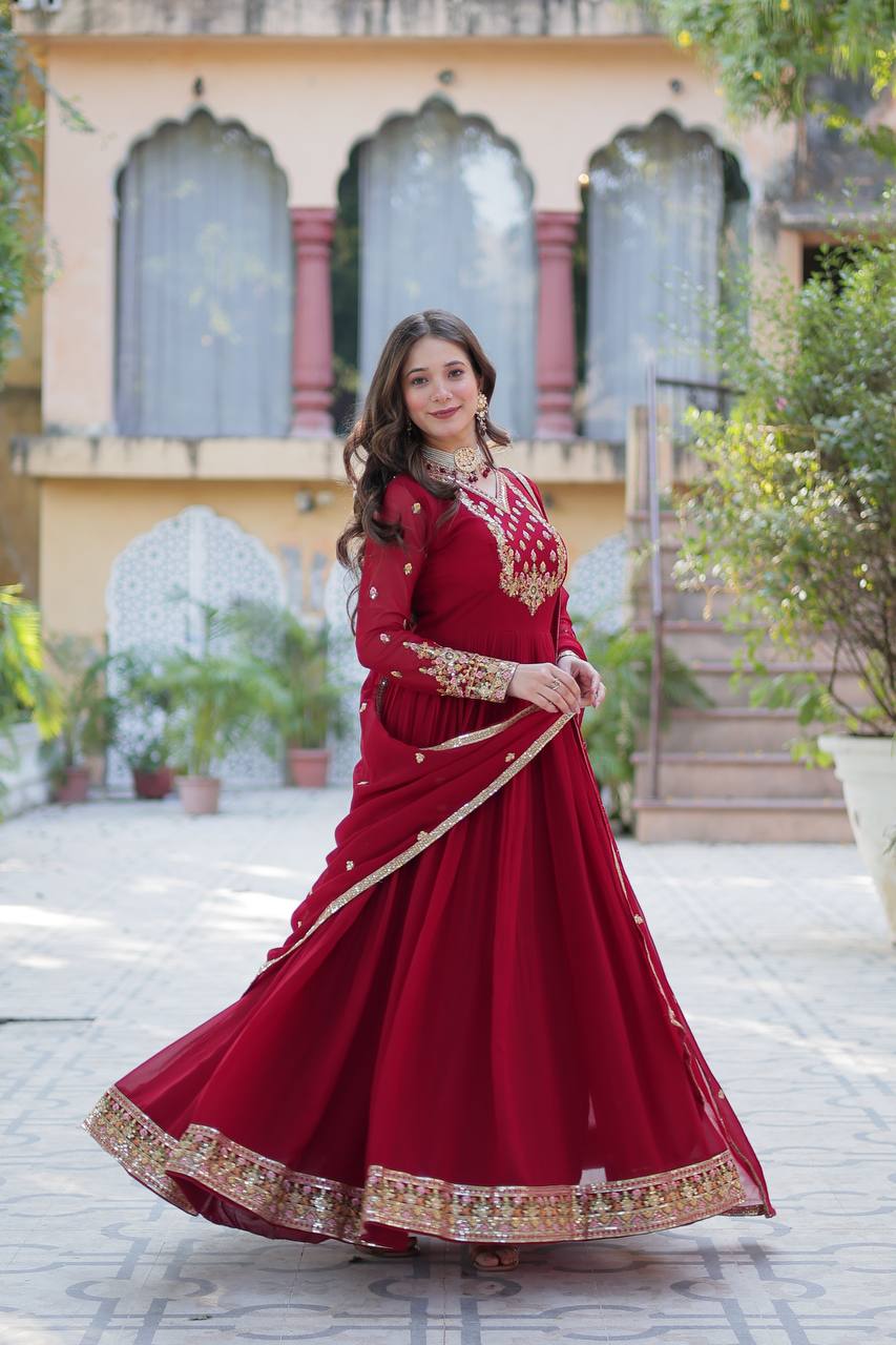 Royal Elegance: Maroon Anarkali Suit with Traditional Touch