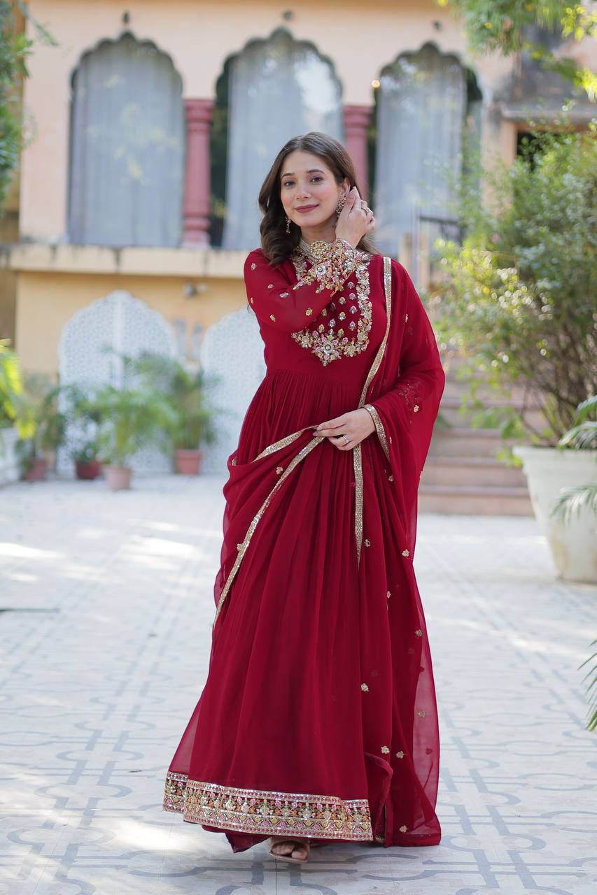Royal Elegance: Maroon Anarkali Suit with Traditional Touch