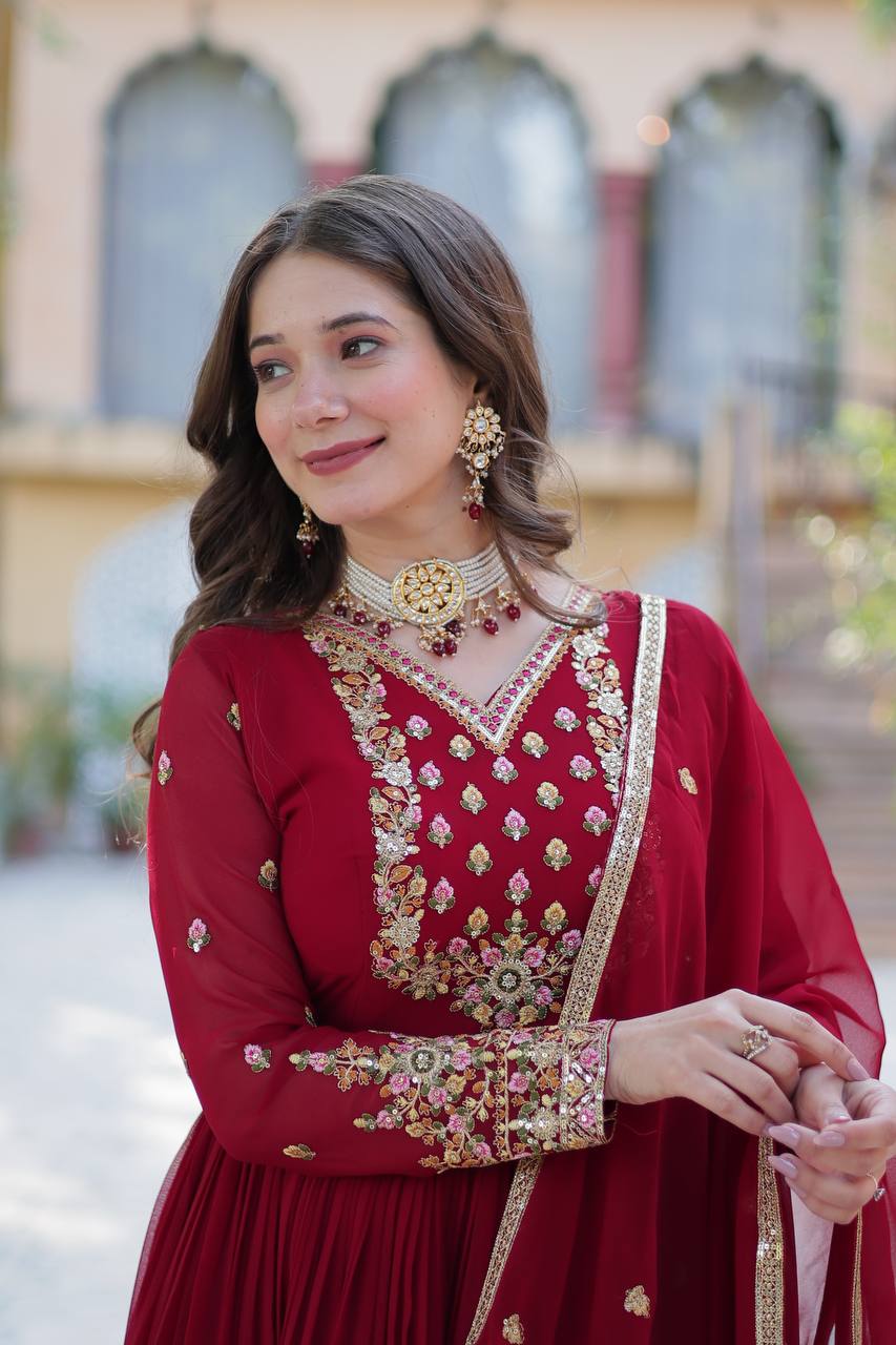 Royal Elegance: Maroon Anarkali Suit with Traditional Touch