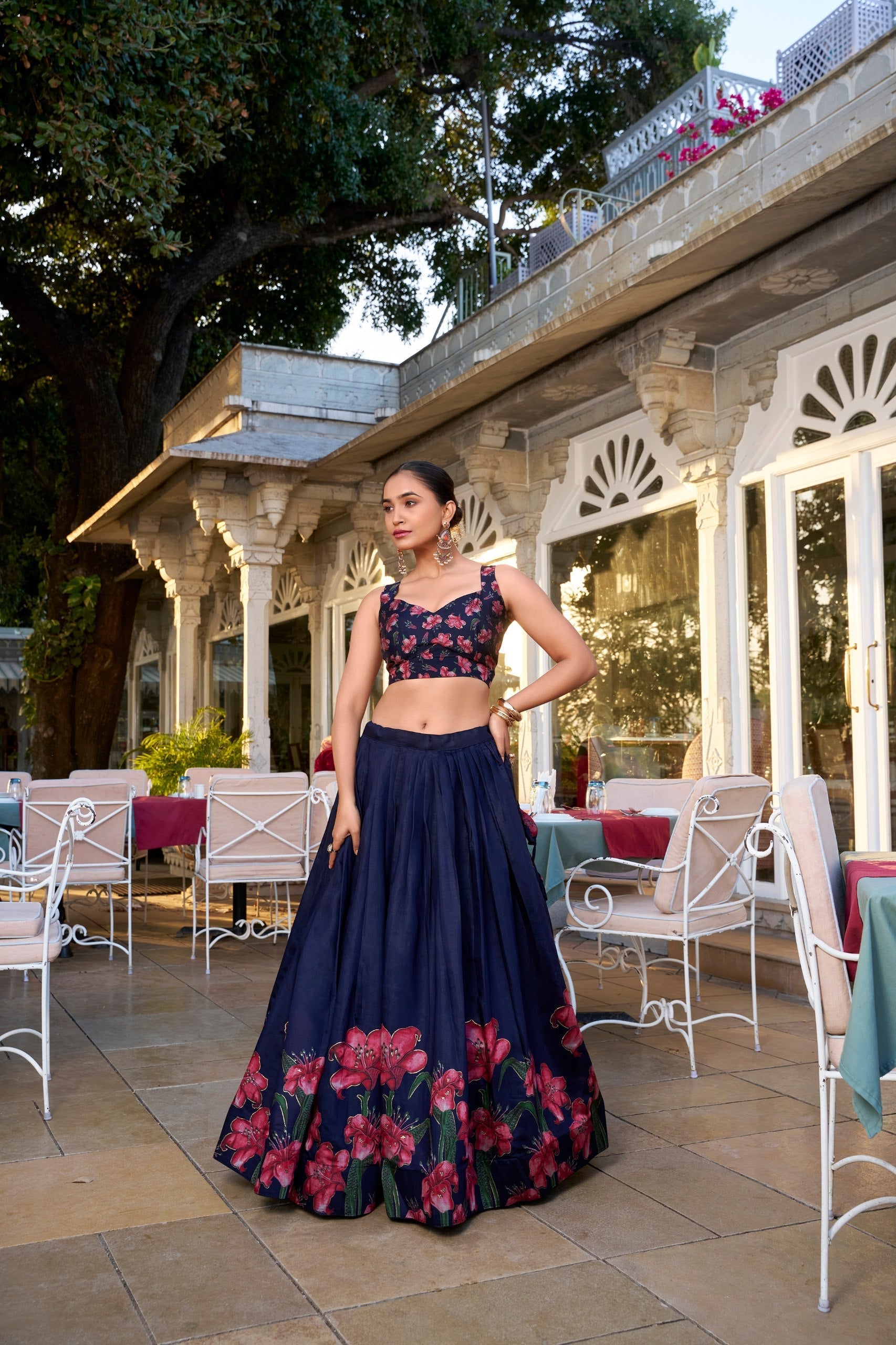 Navy Blue Tussar Silk Floral Printed Lehenga with Foil Work & Tassel-Detailed Dupatta