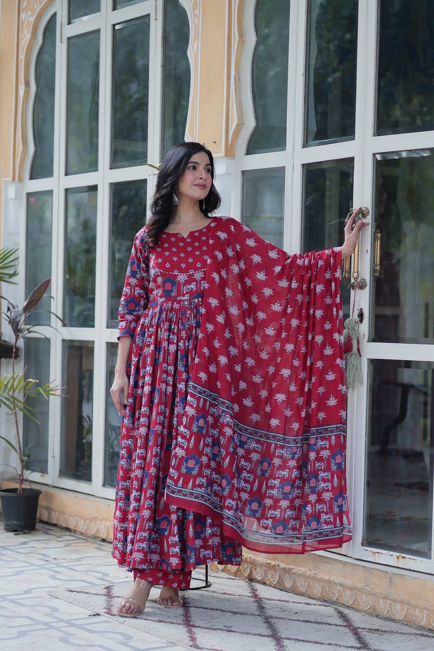 RED READYMADE KURTI WITH PANT DUPATTA SET