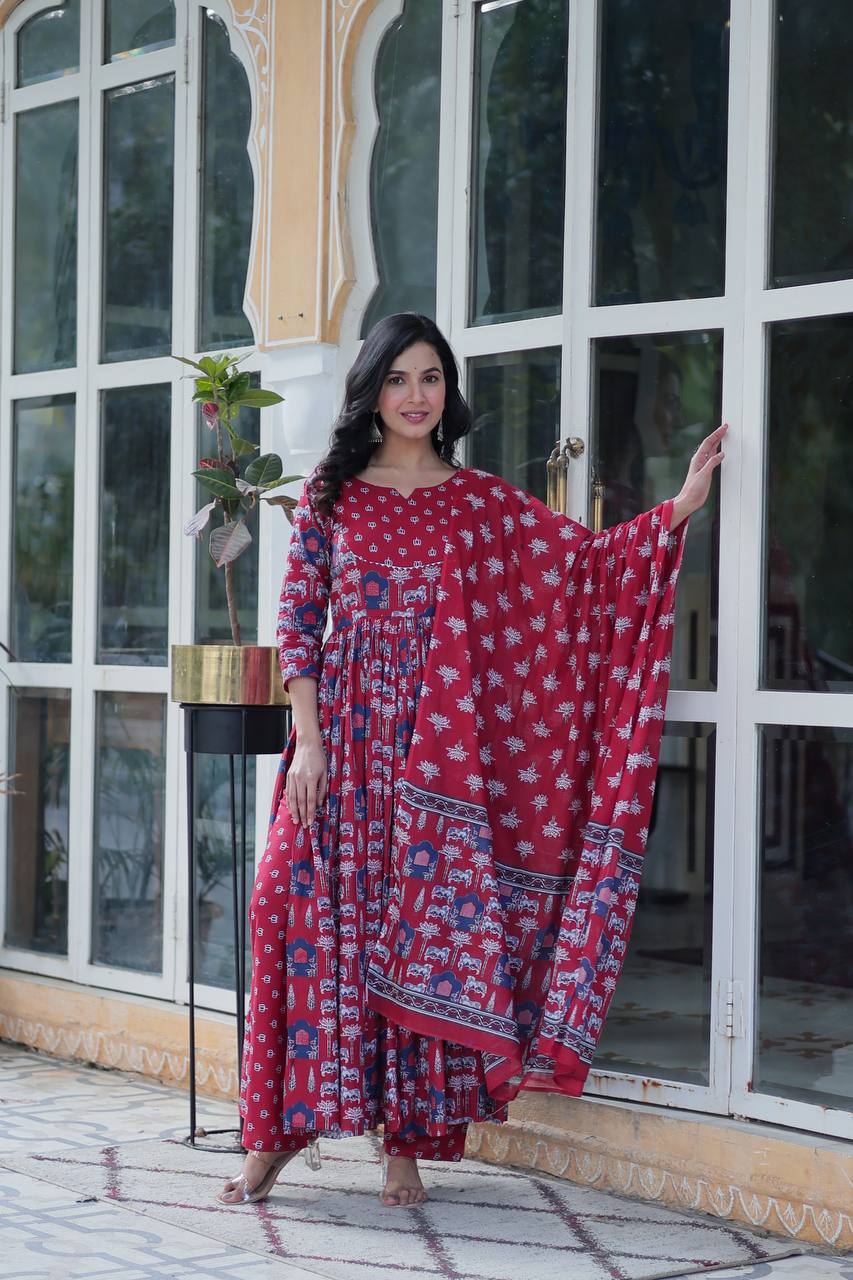 RED READYMADE KURTI WITH PANT DUPATTA SET
