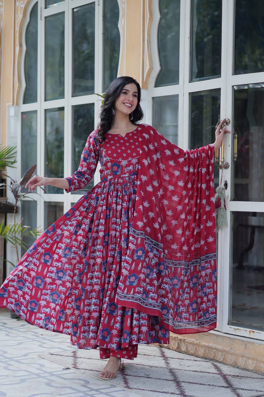 RED READYMADE KURTI WITH PANT DUPATTA SET