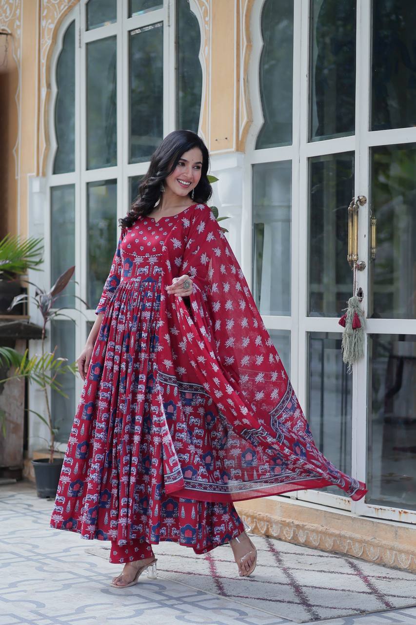 RED READYMADE KURTI WITH PANT DUPATTA SET