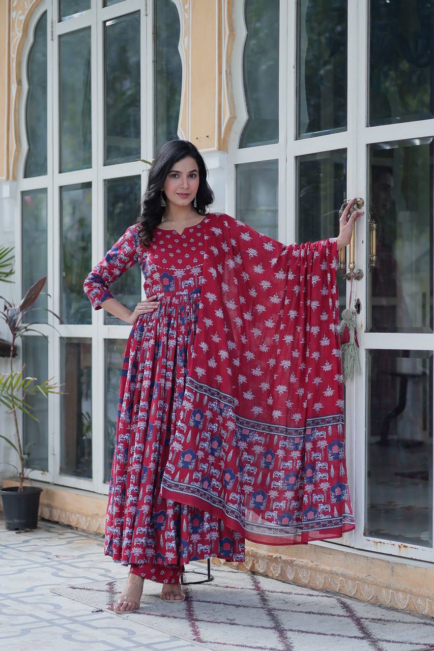 RED READYMADE KURTI WITH PANT DUPATTA SET