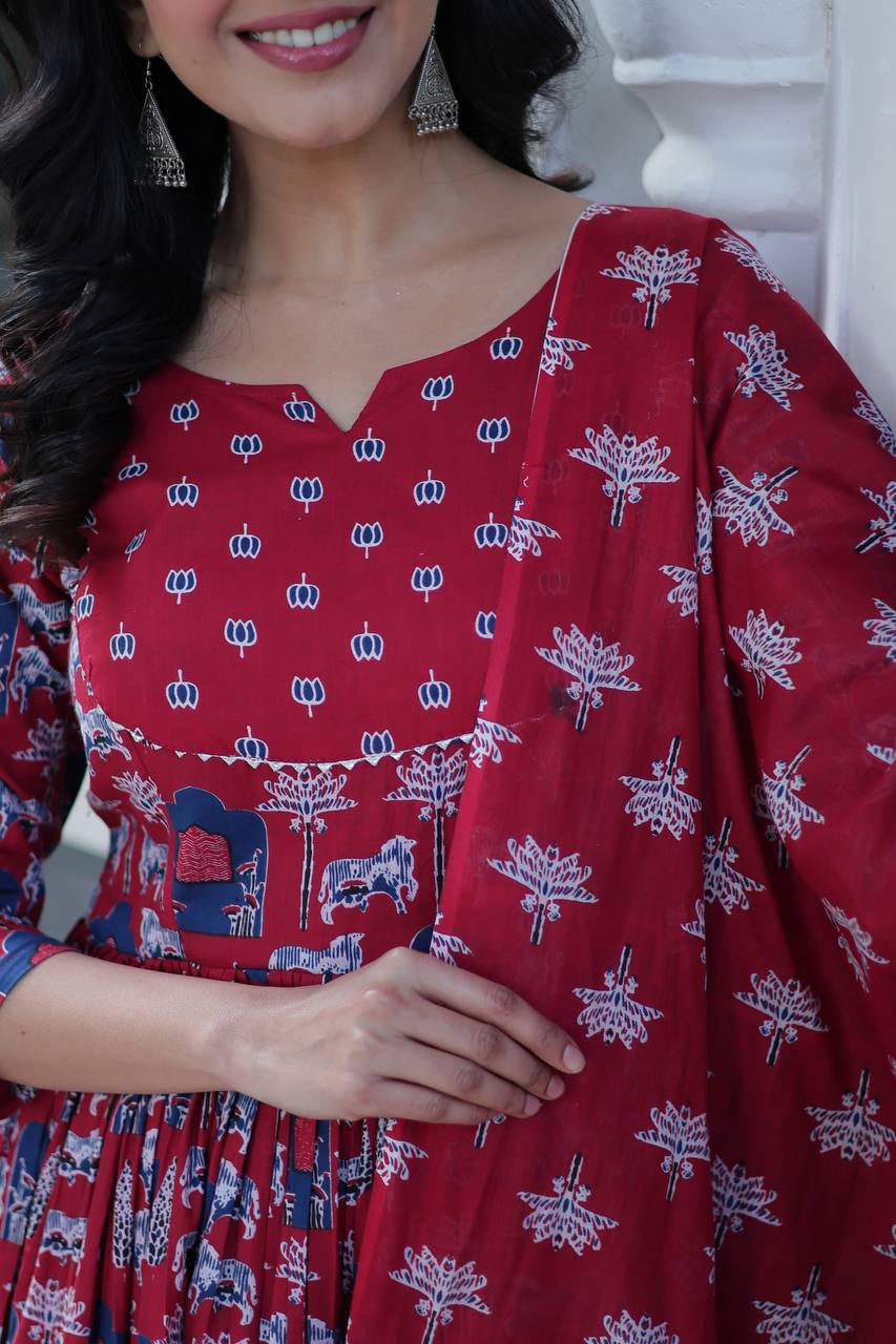 RED READYMADE KURTI WITH PANT DUPATTA SET