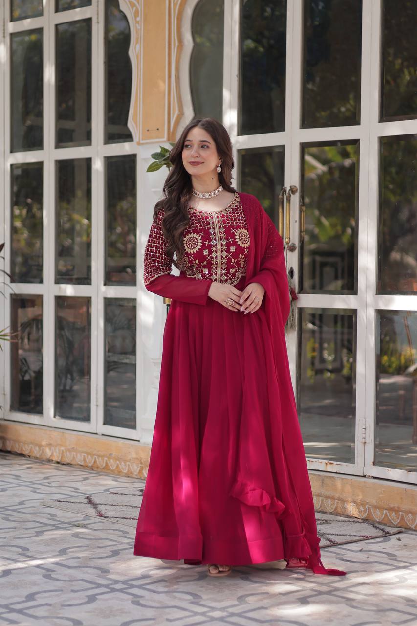Red Gown Faux Blooming Georgette With Attractive embroidered Work