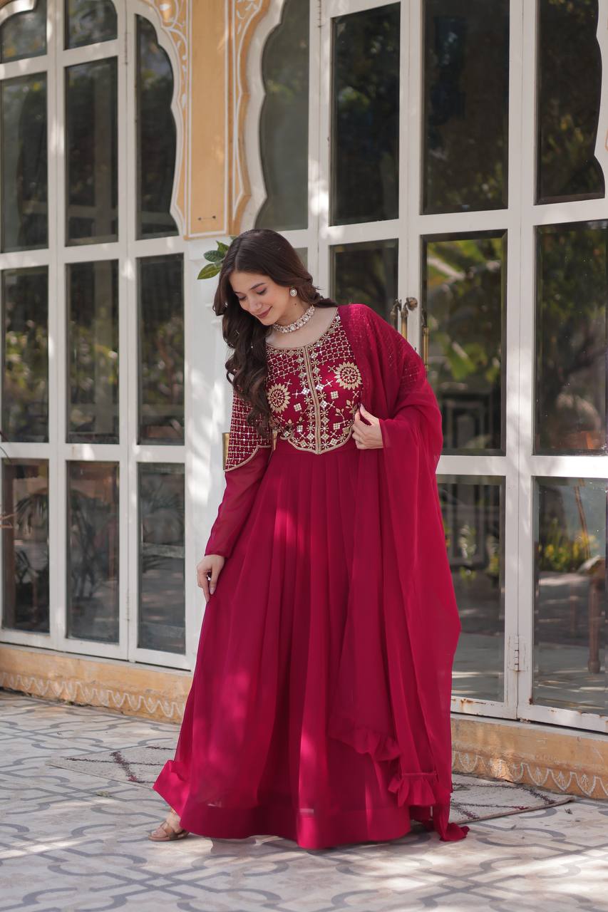 Red Gown Faux Blooming Georgette With Attractive embroidered Work