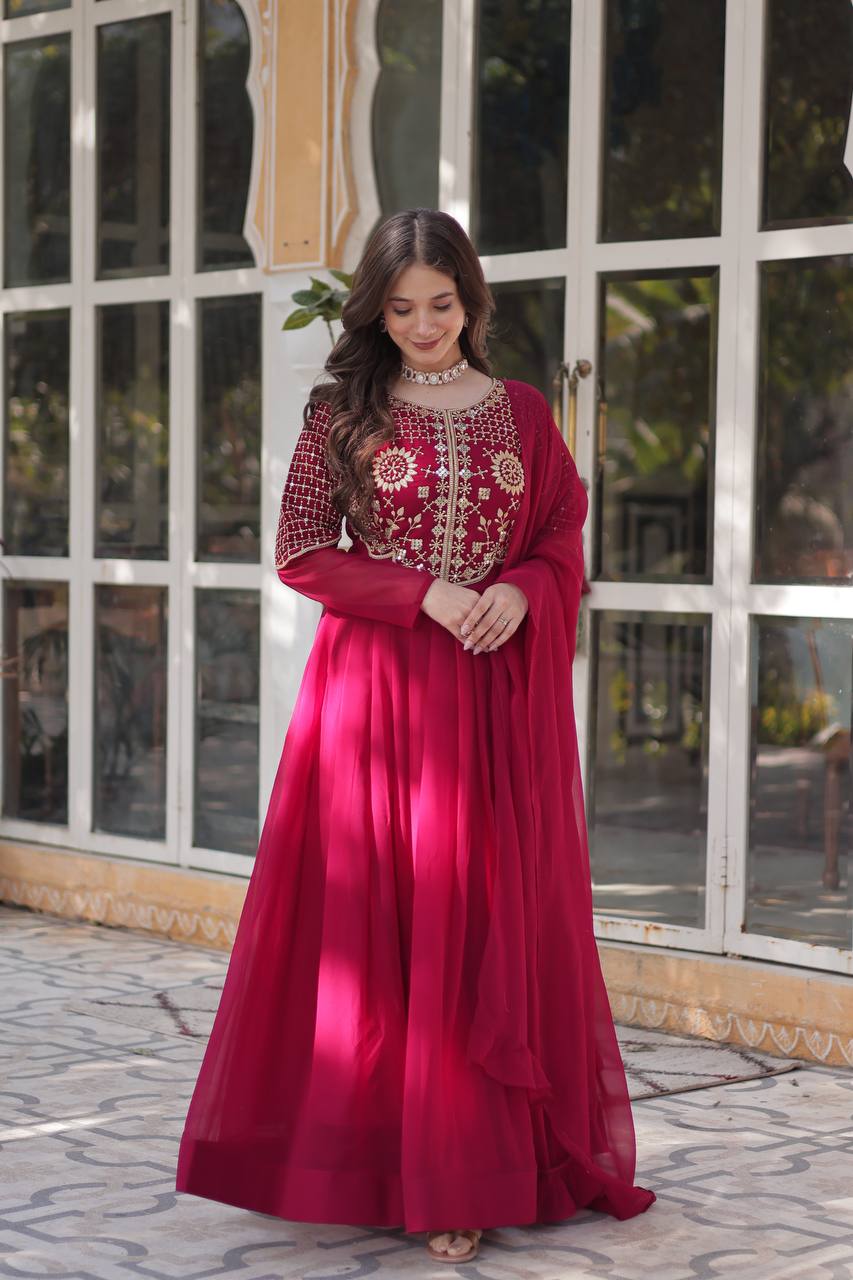 Red Gown Faux Blooming Georgette With Attractive embroidered Work
