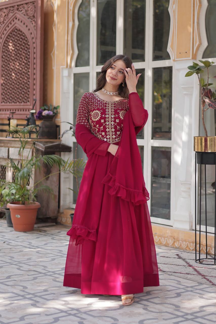 Red Gown Faux Blooming Georgette With Attractive embroidered Work