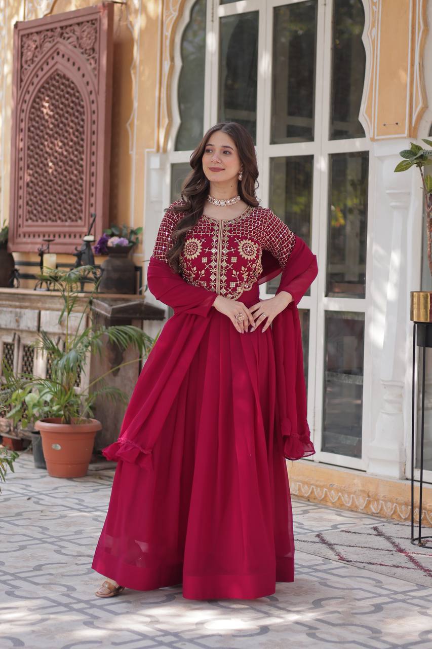 Red Gown Faux Blooming Georgette With Attractive embroidered Work
