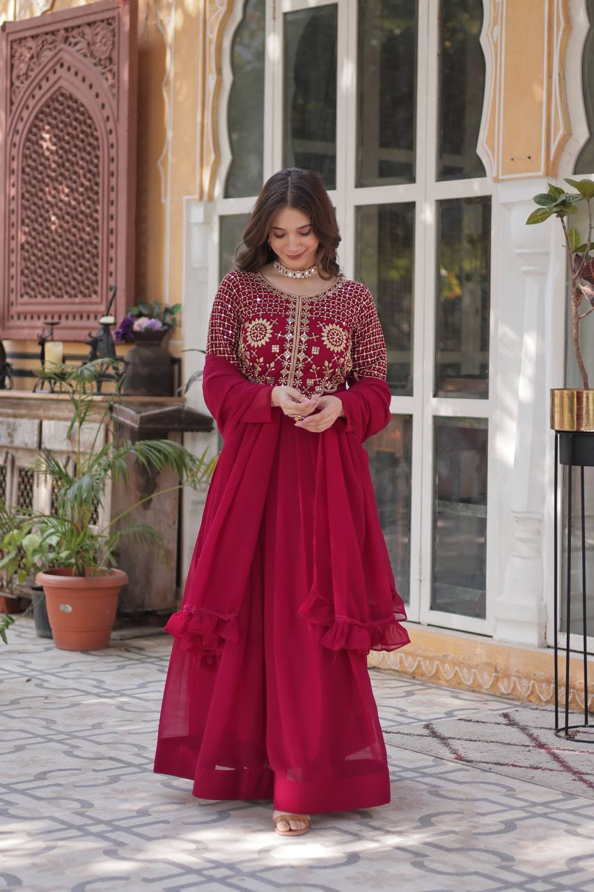 Red Gown Faux Blooming Georgette With Attractive embroidered Work