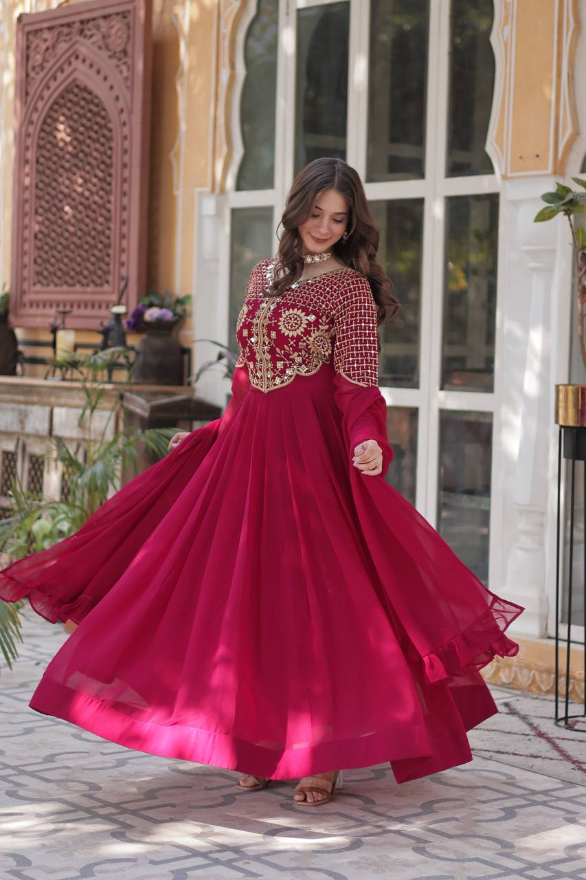 Red Gown Faux Blooming Georgette With Attractive embroidered Work
