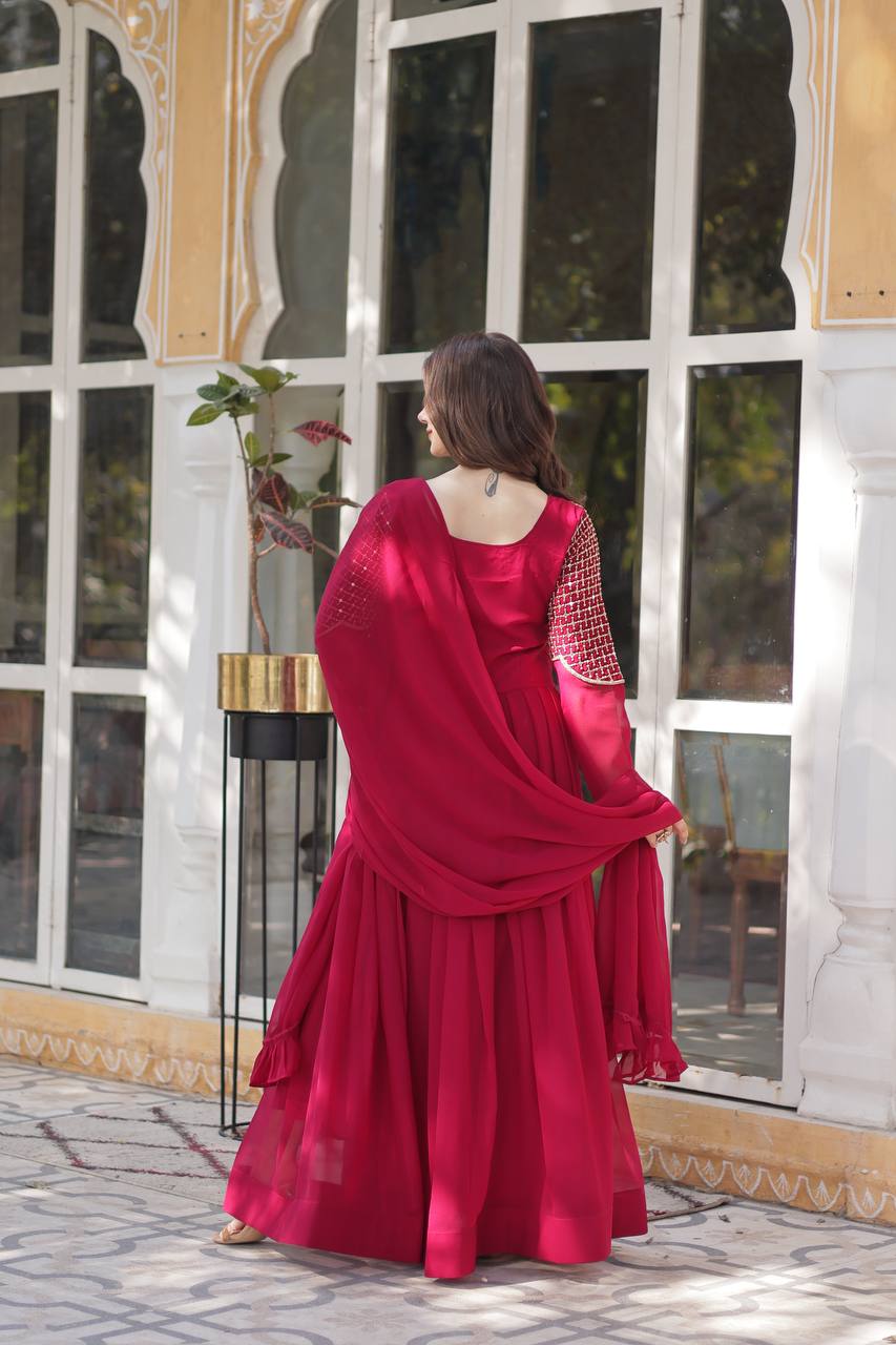 Red Gown Faux Blooming Georgette With Attractive embroidered Work