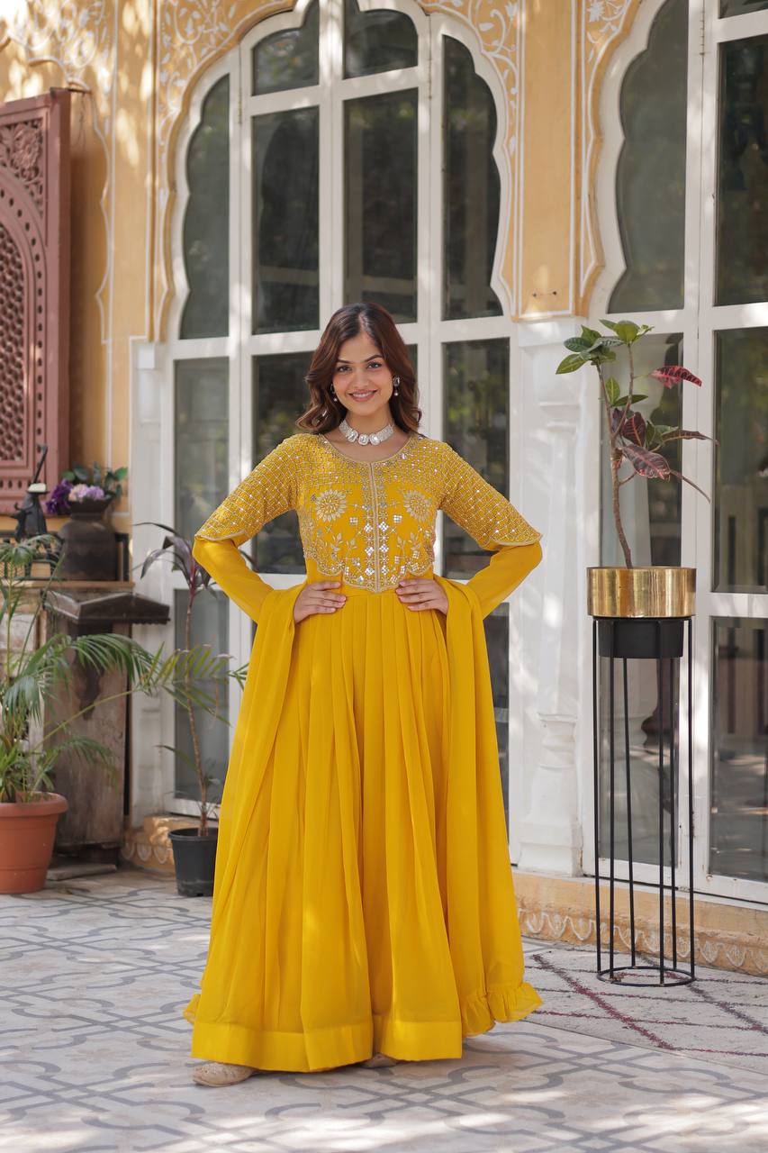 Yellow  Gown Faux Blooming Georgette With Attractive embroidered Work