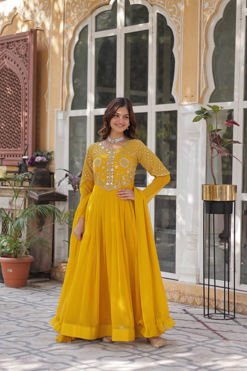 Yellow  Gown Faux Blooming Georgette With Attractive embroidered Work
