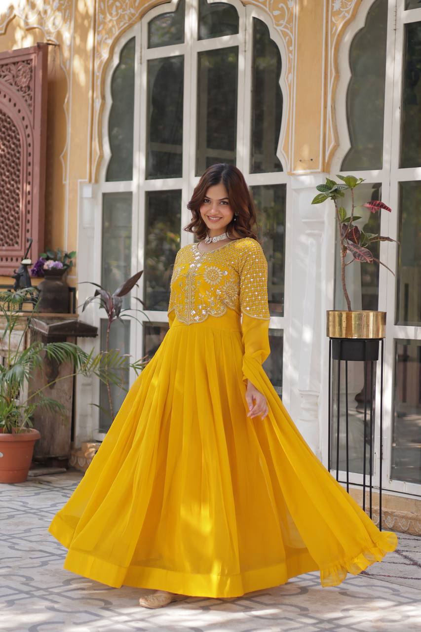 Yellow  Gown Faux Blooming Georgette With Attractive embroidered Work