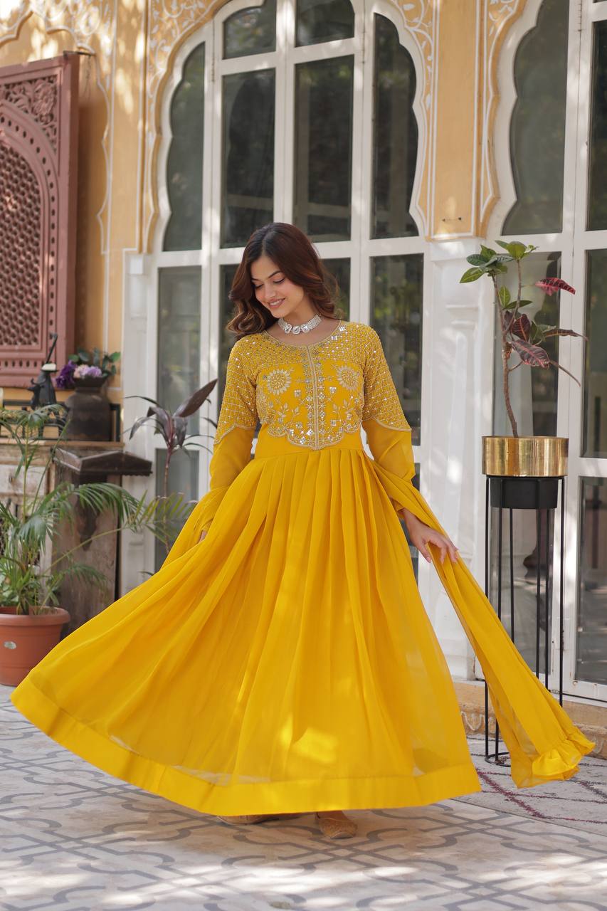 Yellow  Gown Faux Blooming Georgette With Attractive embroidered Work