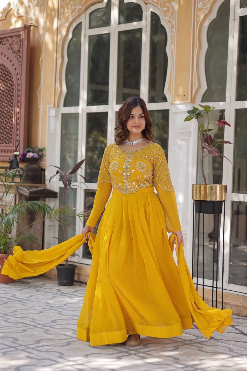 Yellow  Gown Faux Blooming Georgette With Attractive embroidered Work