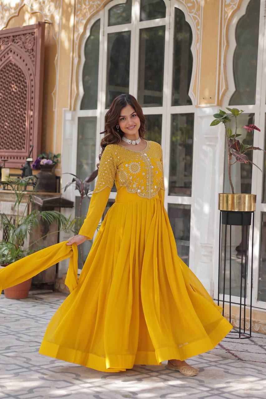 Yellow  Gown Faux Blooming Georgette With Attractive embroidered Work