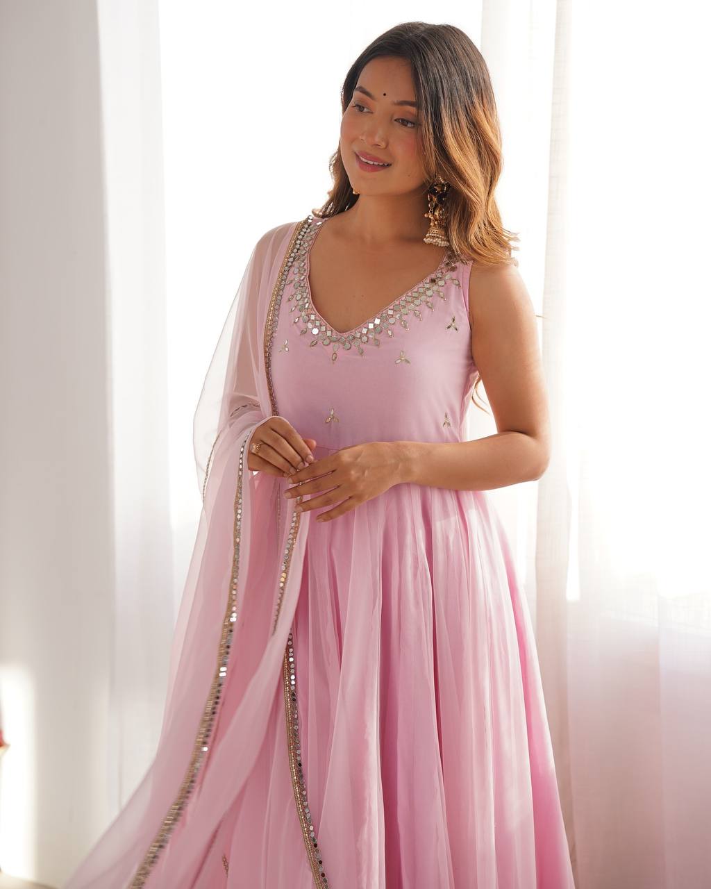 Elegant Baby Pink Ethnic Gown for Festive Occasions