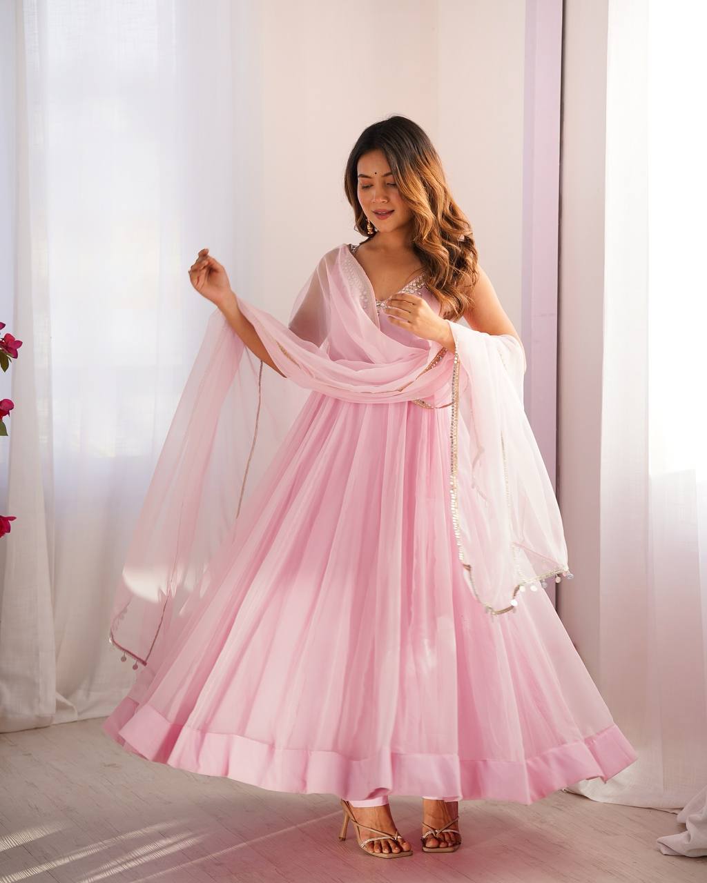 Elegant Baby Pink Ethnic Gown for Festive Occasions