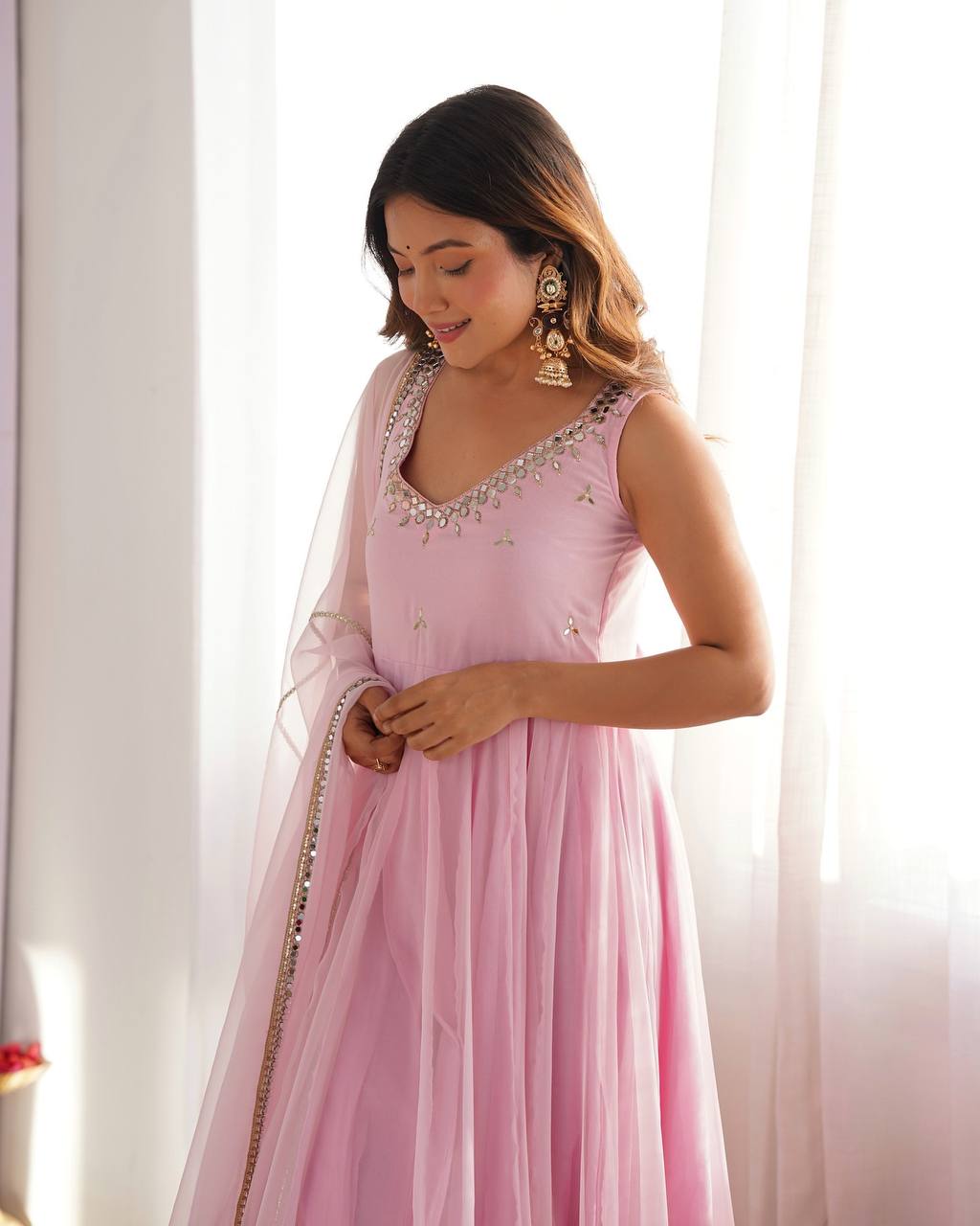 Elegant Baby Pink Ethnic Gown for Festive Occasions